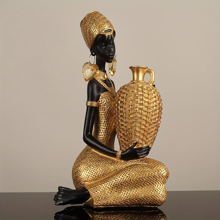 Figura de Resina Africana con Textura Tejida, Decoración Elegante en Dorado y para Sala u Oficina, Estatua Decorativa para Estante o Regalo para Mujeres