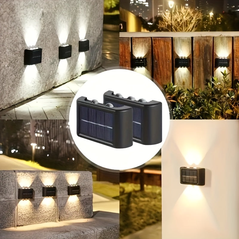 4 paquetes, 6 luces LED solares para pared exterior con iluminación hacia arriba y abajo, luces decorativas para exterior, luces LED para paisajismo, ideales para exteriores, patio, villa, cerca, terraza, jardín