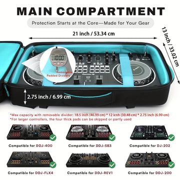 Mochila para controlador DJ AUROTIER, compatible con DDJ-FLX4/200/400/REV1 - Compartimento resistente para laptop, almacenamiento acolchado ajustable para cables/micrófonos, bolsillos de malla reforzados y cierres con candado, mochila de viaje ligera con