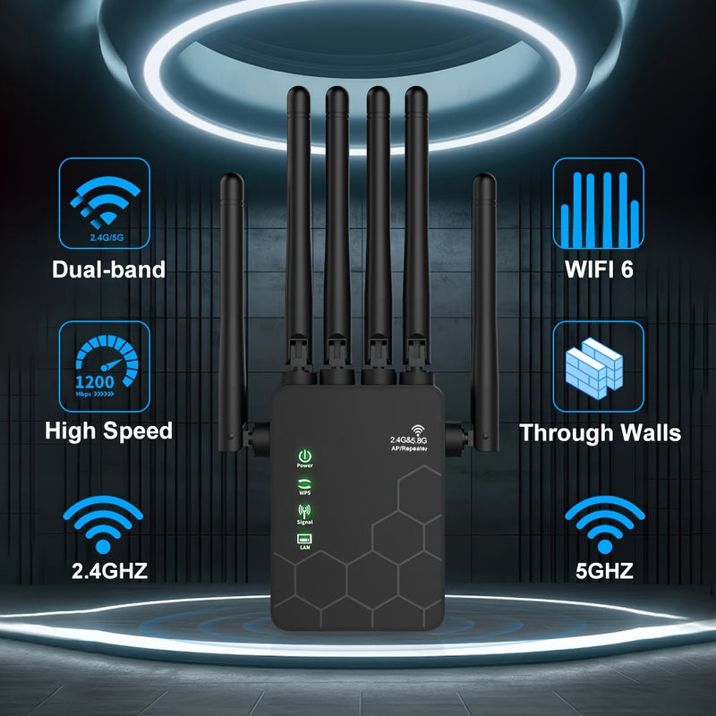 Extensor de red inalámbrica Momotor-WIFI, amplificador de señal de red doméstica, potenciador de WiFi con tasa de 2,4 GHz, potencia tu señal de WiFi, 35 dispositivos en 4 modos de configuración 1-TAP, 6 paquetes de antenas potentes de 360°, cubierta comp