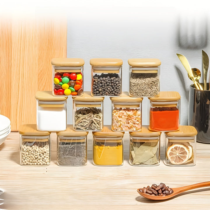 Juego de 12 frascos de vidrio con tapas de madera, contenedores de especias con tapas de sellado de madera, contenedores de almacenamiento de alimentos, adecuados para la cocina del hogar, té, hierbas, azúcar, sal, café, harina, granos, etc.