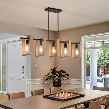 Luces de 5 Luces para Isla de Cocina, Lámpara Colgante Rústica para Comedor Estilo Granja, Araña Rectangular de Madera y Metal , Iluminación Suspendida para Sala de Estar o Bar, Base E26 (Bombillas No Incluidas)