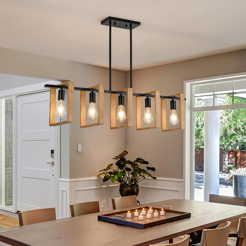 Luces de 5 Luces para Isla de Cocina, Lámpara Colgante Rústica para Comedor Estilo Granja, Araña Rectangular de Madera y Metal , Iluminación Suspendida para Sala de Estar o Bar, Base E26 (Bombillas No Incluidas)