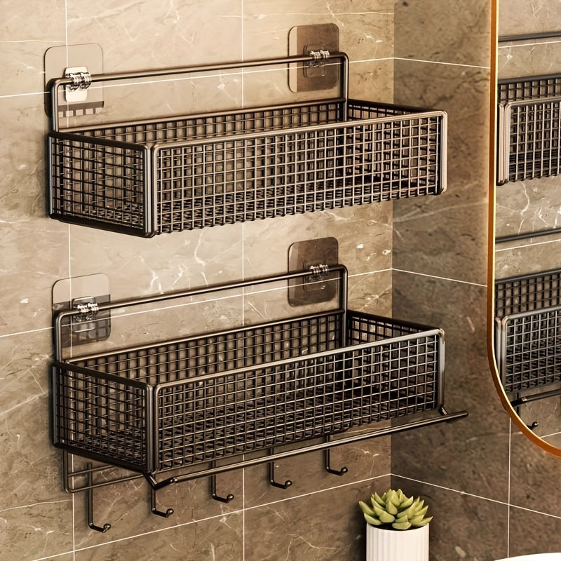 Organizador de pared metálico sin taladro - Estantes rústicos con diseño de rejilla para toallas, artículos de baño y papel higiénico, metal duradero resistente al óxido, fácil instalación, accesorios de baño seguros para la salud