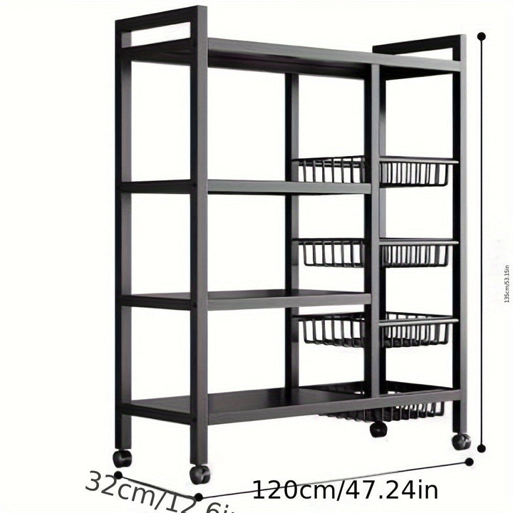 Carrito de almacenamiento industrial de metal con ruedas, organizador rodante de estantes abiertos de 4 niveles con cestas colgantes, unidad de estantería móvil multiusos para la organización de la cocina, la oficina y el hogar.