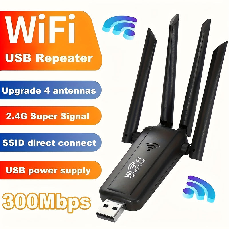 Repetidor inalámbrico USB con 4 antenas Ourlife - Antena dual, extensor de señal de largo alcance para uso doméstico, alimentado por USB, no requiere batería, fácil instalación, modo de alimentación USB, tensión de funcionamiento ≤36V