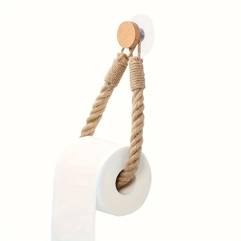 Soporte de Papel Higiénico Rústico de Cuerda de Cáñamo - Montaje en Pared Autoadhesivo con Perilla de Madera, Diseño Trenzado Natural para Decoración Elegante del Hogar, Organizadores y Almacenamiento de Baño