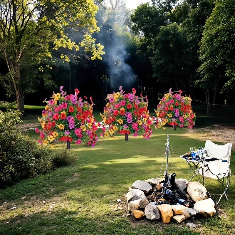 Tres conjuntos de árboles de imitación vibrantes para exteriores, con pernos para decoración de hogar, jardín e interiores, arreglos artificiales de violetas de larga duración, plantas de imitación decorativas adecuadas para terrazas, porches y patios.