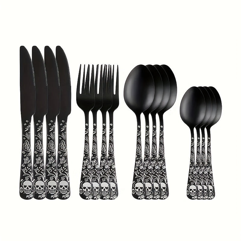 Juego de cubiertos de acero inoxidable con diseño gótico de calavera y rosa, 4/16/24 piezas, cuchara, tenedor, cuchillo, pulido espejo, ideal para regalos de Halloween, Navidad, Pascua y Hanukkah
