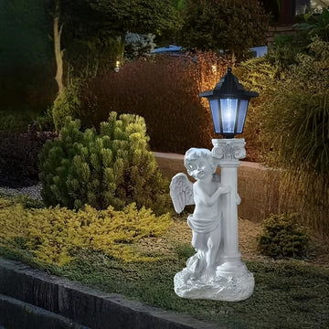 Luz de escultura solar ángel - Estatua de jardín de resina con diseño de columna romana, iluminación decorativa para caminos, patios y patios, perfecta para Navidad, Día de San Valentín y regalos románticos, luces de hadas para iluminación al aire libre.