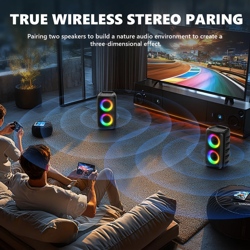 Altavoz inalámbrico portátil con micrófono, luces LED y batería de litio de 2400 mAh, perfecto para fiestas en casa y camping al aire libre.