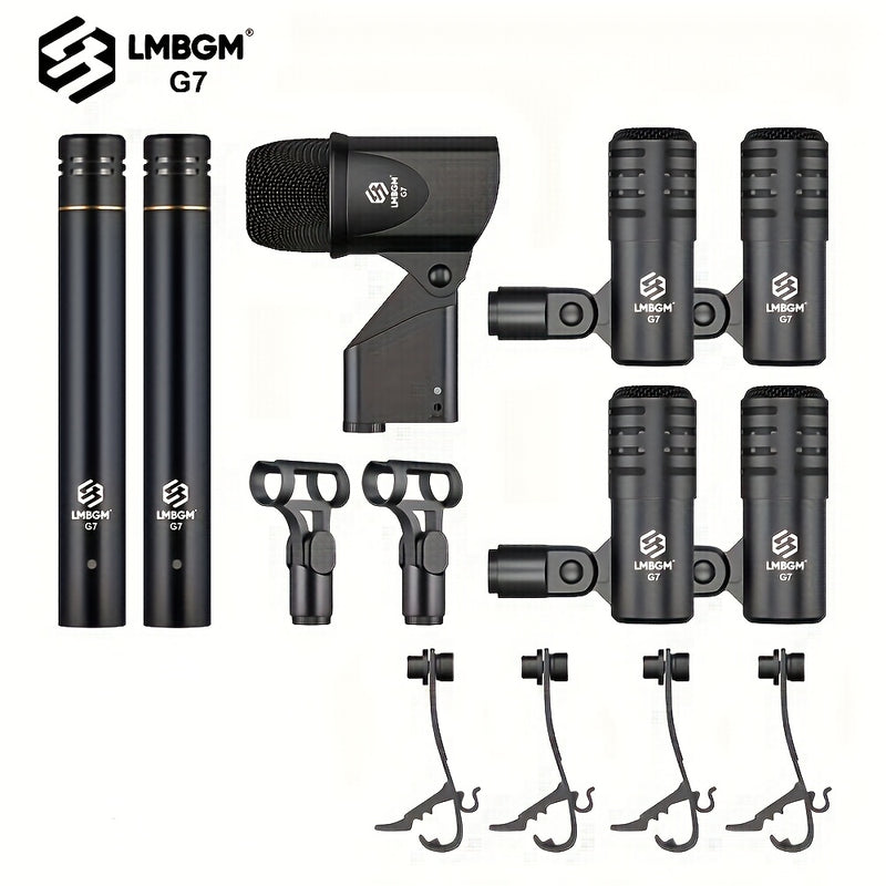 Kit de Micrófono para Instrumentos LMBGM G7 de 7 Piezas con Cable para Batería, Micrófono Dinámico para Bajo, Tom, Platillo y Charles, Uso para Batería, Voz, Banda, DJ, Escenario y Grabación Instrumental en Vivo