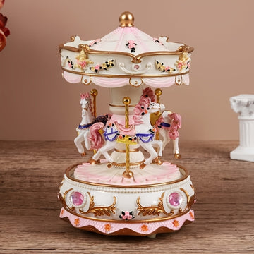 1 Pieza de Elegante Caja de Música Carrusel con Manivela - Decoración para el Hogar en Resina con Diseño Floral, Toques Rosados y Dorados y Detalles de Piedras Preciosas, Ideal para Sala u Oficina, Estética Decorativa