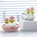 Porta jabón ovalado de plástico con diseño floral, soporte autoescorriente para todas las estaciones, accesorio lindo para baño y cocina