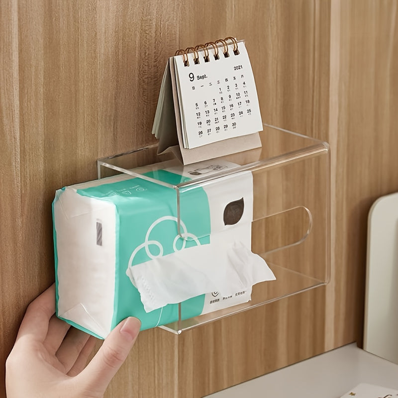 Porta pañuelos de acrílico transparente para pared, montaje con adhesivo sin taladro, organizador cuadrado minimalista para baño y cocina, ahorra espacio para pañuelos y artículos esenciales