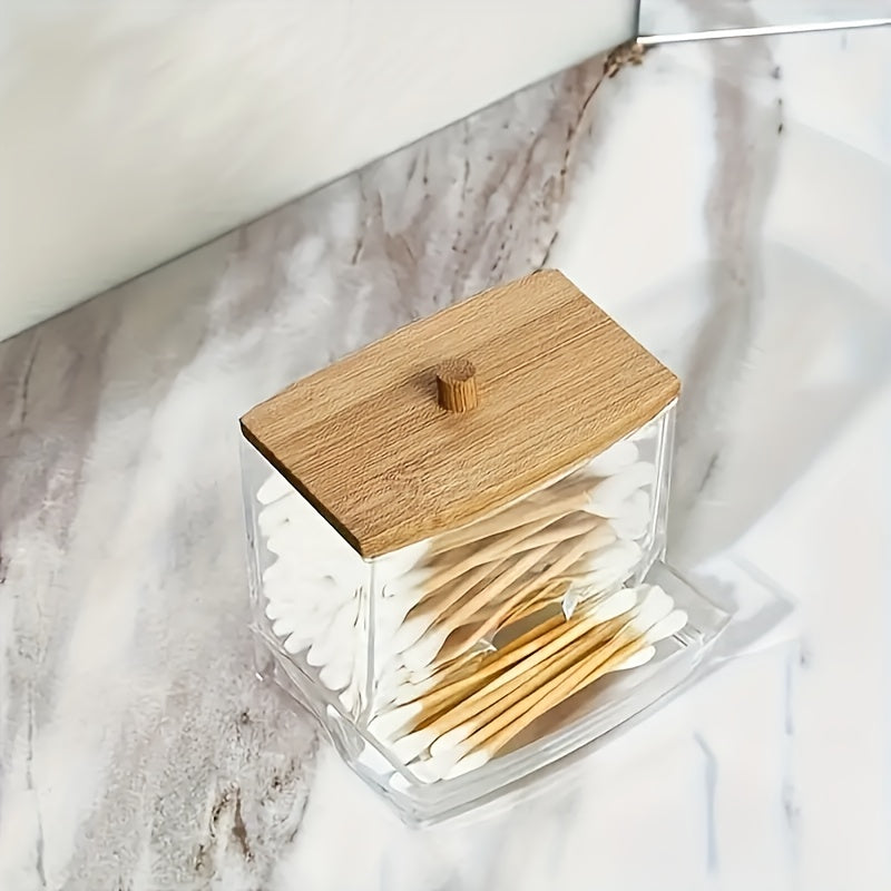 Juego de 3 cajas para hisopos de algodón con tapa de bambú, almacenamiento de bolitas de algodón acrílico transparente, discos desmaquillantes y palillos de hilo dental - Dispensador multifuncional para baño, esencial para organización del hogar, diseño