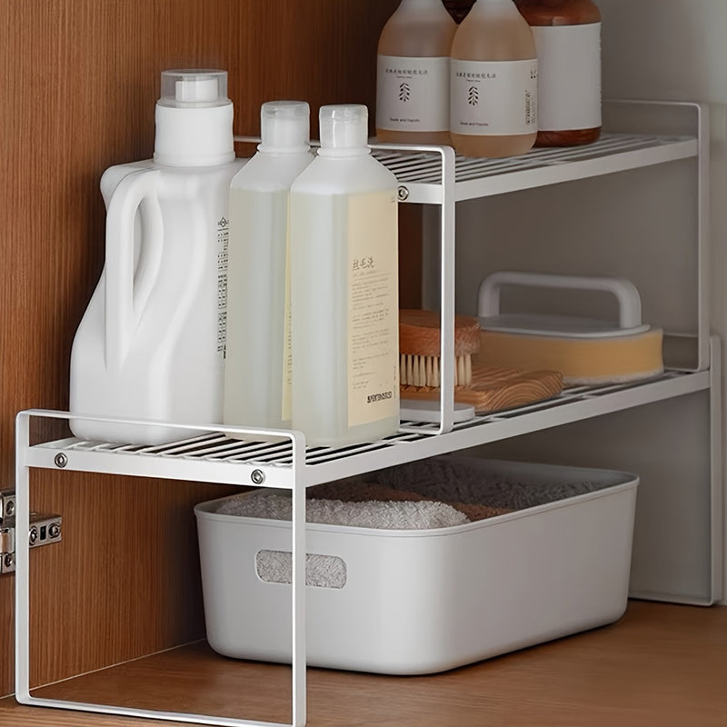 Estante de almacenamiento de cocina de metal contemporáneo de 1 pieza, organizador de estante de doble nivel para armario y mostrador, isla de almacenamiento abierta versátil para especias, utensilios, microondas - Uso sin electricidad, sin materiales de