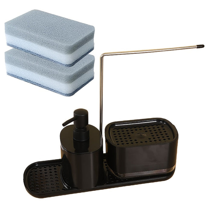 Juego de 1 dispensador de jabón y soporte para esponja 2 en 1 moderno para cocina, acero inoxidable 304, sin necesidad de electricidad o baterías, organizador para mesón de baño con bomba de jabón y dispensador de líquido para lavar platos