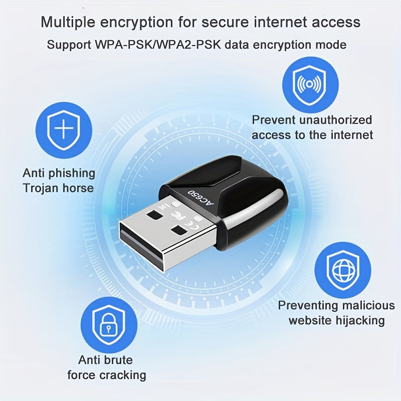 Adaptador de Wifi USB con tarjeta de red inalámbrica de doble banda 2.4G/5G, enchufar y funcionar sin controladores, adecuado para escritorios y portátiles, compatible con Windows Xp/Vista/7/8.1/10/11, no requiere batería, conexión USB, control de aplica