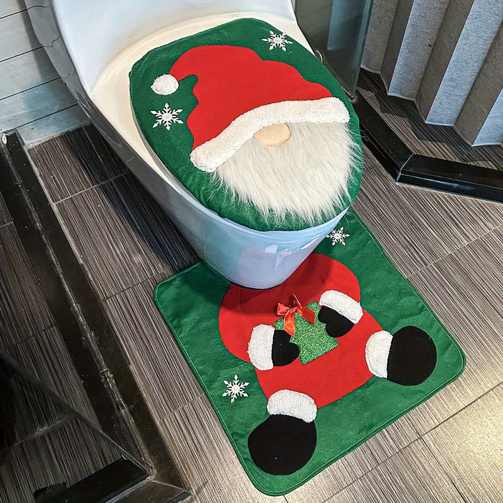 Juego de Cubierta de Asiento de Inodoro y Alfombra de Navidad de Dos Piezas con Enano de Santa - Decoraciones Navideñas - Decoración de Baño Estacional, Kit Creativo de Accesorios para el Hogar con Diseño Festivo