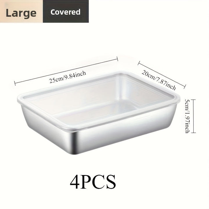 4 piezas, paquete de cuatro platos de acero inoxidable extra grande con tapas, plato de ensalada, bandeja de platos laterales, caja rectangular de frescura para almacenamiento de preparación, recipiente de salsa.