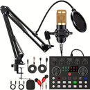Kit de Podcast con Micrófono de Condensador BM800, Interfaz de Audio V8s con Tarjeta de Sonido En Vivo Todo en Uno, Alimentado por USB/Batería, Conector Jack de 3.5mm, Control de Volumen, Batería de Litio Recargable, Material PP, para Grabación, Transmis