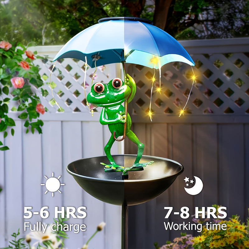 1pc Estatuilla de Rana Solar con Luces LED Automáticas y Comederos para Pájaros - Decoración Metálica para Jardín, Patio o Césped con Sombrilla, Atrae Colibríes - Regalo Perfecto para Jardineros, Accesorio Caprichoso para Exteriores