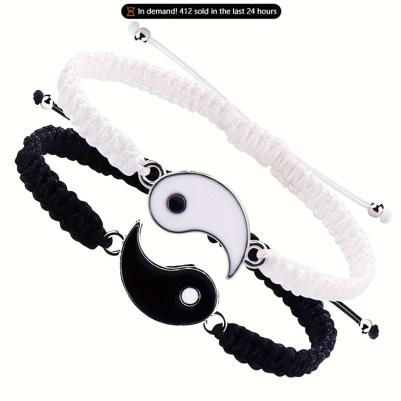 2 unidades de pulseras de pareja Yin Yang Tai Chi, cuerda de poliéster ajustable, estilo de vacaciones sencillo, tema de símbolos religiosos, regalo de amistad para usar diario para mejor amigo/novio/novia - Todas las estaciones