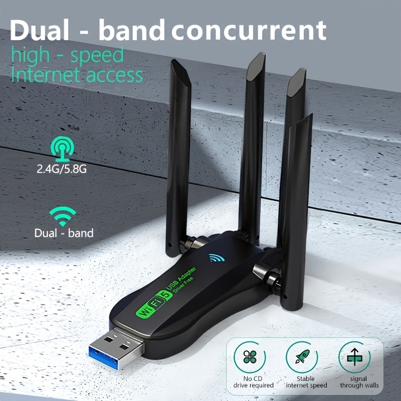 Adaptador Wifi de doble banda 2.4G/5.8G con 1300Mbps, interfaz USB, fuerte penetración de pared, cuatro antenas, internet de alta velocidad, baja latencia y acceso a internet en cualquier momento y lugar.