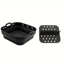 Conjunto de 2 piezas de Bandeja de Silicona para Freidora de Aire de Alta Calidad, 21.59 cm Cuadrada, Resistente al Calor, Fácil de Limpiar, Lavable en Platos, Negro/Gris