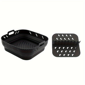 Conjunto de 2 piezas de Bandeja de Silicona para Freidora de Aire de Alta Calidad, 21.59 cm Cuadrada, Resistente al Calor, Fácil de Limpiar, Lavable en Platos, Negro/Gris
