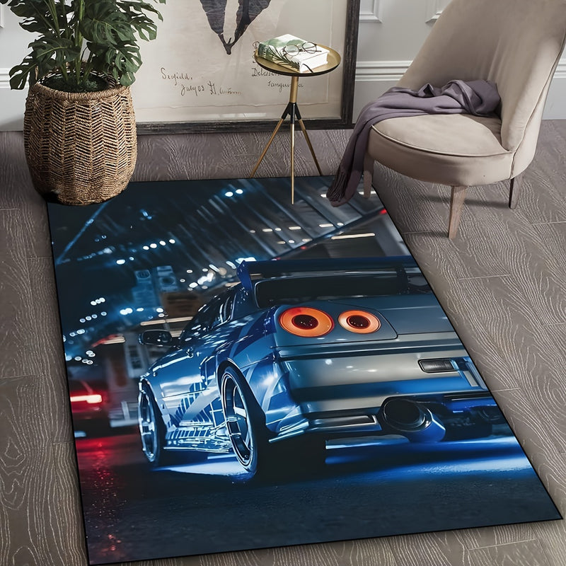 Alfombra de Área de Coche Deportivo Azul Lujosa - Antideslizante, Lavable a Máquina, Poliéster, Perfecta para Sala de Estar, Dormitorio, Bar y Habitaciones Juveniles - Disponible en 19x31/31x47/47x62/62x90 Pulgadas
