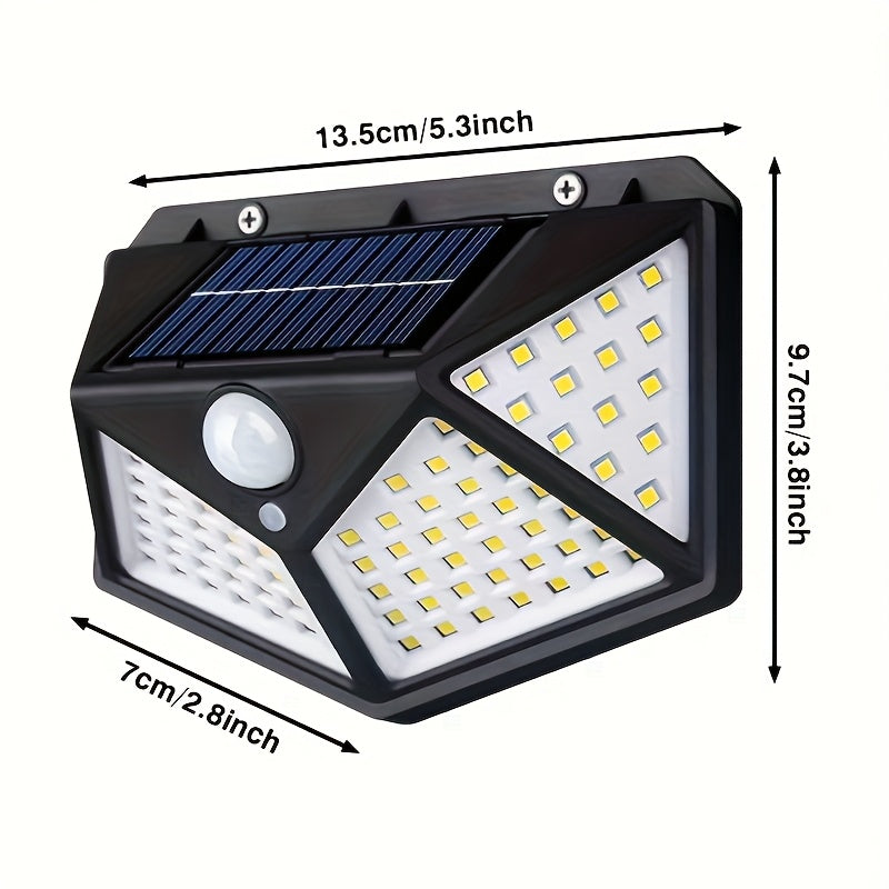 Luces solares para exteriores [100 LED / 3 modos de operación], lámpara de seguridad solar con sensor de movimiento, ideal para jardín, cerca, patio, cochera y terraza