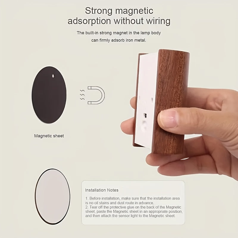 1pc Luz de Pared LED Moderna con Sensor de Movimiento y Alimentación USB - Madera Maciza, Brillo Ajustable, Batería Recargable de 800mAh, Ideal para Escaleras y Pasillos