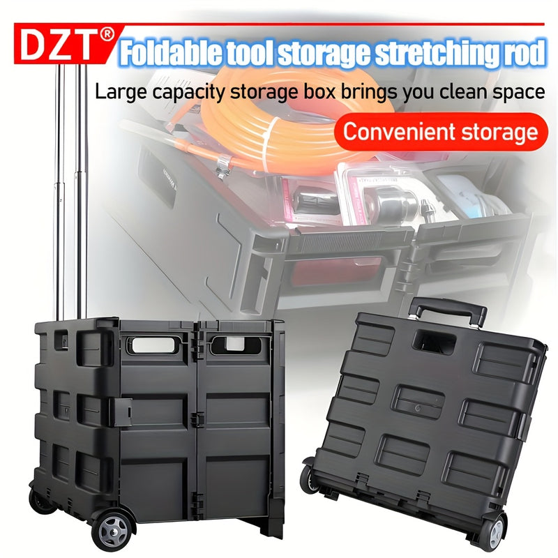 Carrito de almacenamiento plegable DZT ultra delgado con mango telescópico, organizador de gran capacidad para el hogar, jardín, oficina y escuela - Negro, material PP resistente, diseño apilable