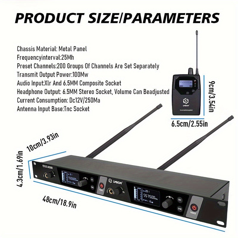 Sistema inalámbrico de monitoreo de audio LMBGM AR2080-10 UHF de 2 canales, aleación de aluminio, conector de 6.35 mm, alimentado por corriente eléctrica, 110-130V, enchufe estadounidense, ideal para escenarios, bandas, estudios y músicos - Incluye 10 re
