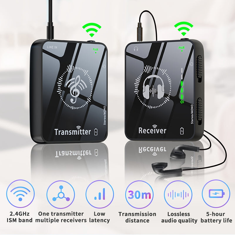 Sistema de monitores inalámbricos intraurales, 2.4 GHz, audio profesional sin pérdidas, 4 canales, 5 niveles de volumen, emparejamiento automático