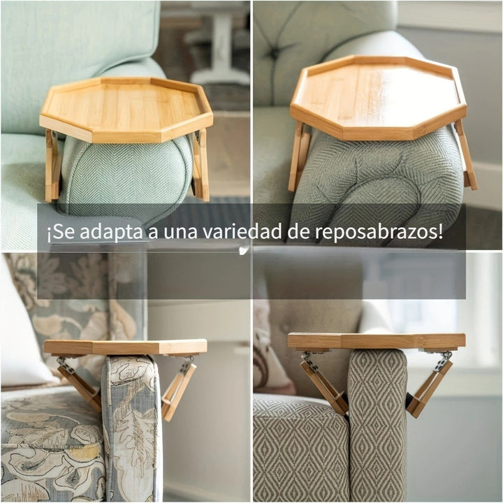 Bandeja de Apoyo de Brazo de Sofá de Bambú - Mesa de Sofá con Clip para Snacks, Bebidas y Controles Remotos - Diseño que Ahorra Espacio