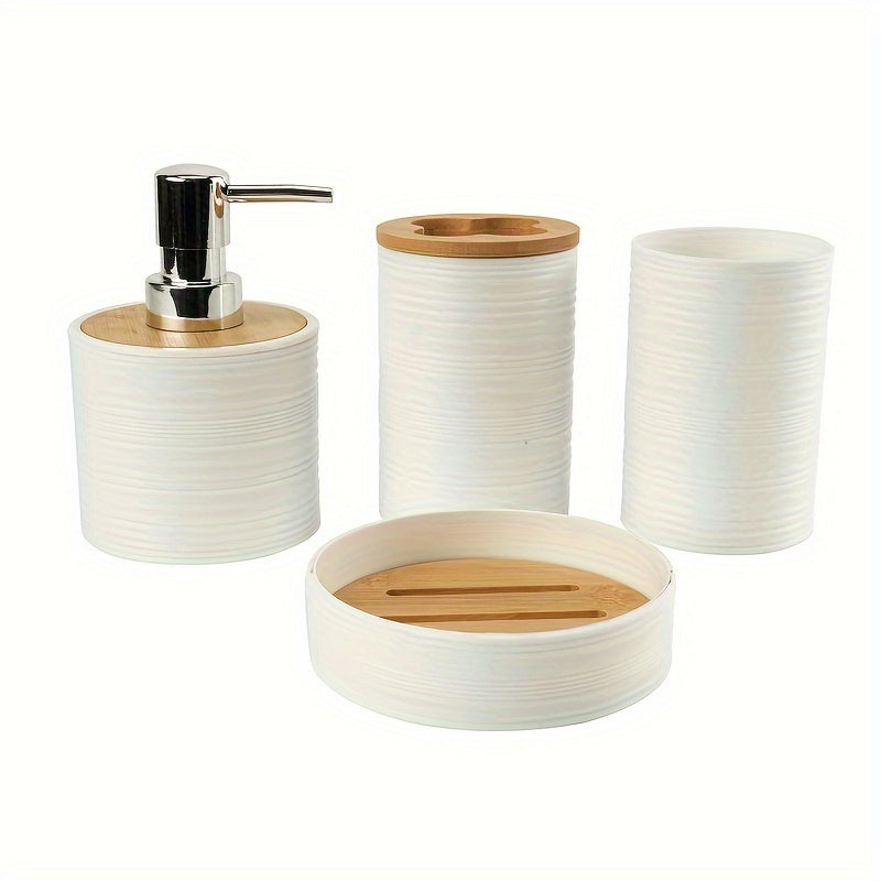 Juego de 4 accesorios modernos para baño: portacepillos de plástico, jabonera, vaso para enjuague bucal y botella con bomba de loción con diseño rayado y tapa de bambú, decoración para el cuarto de baño