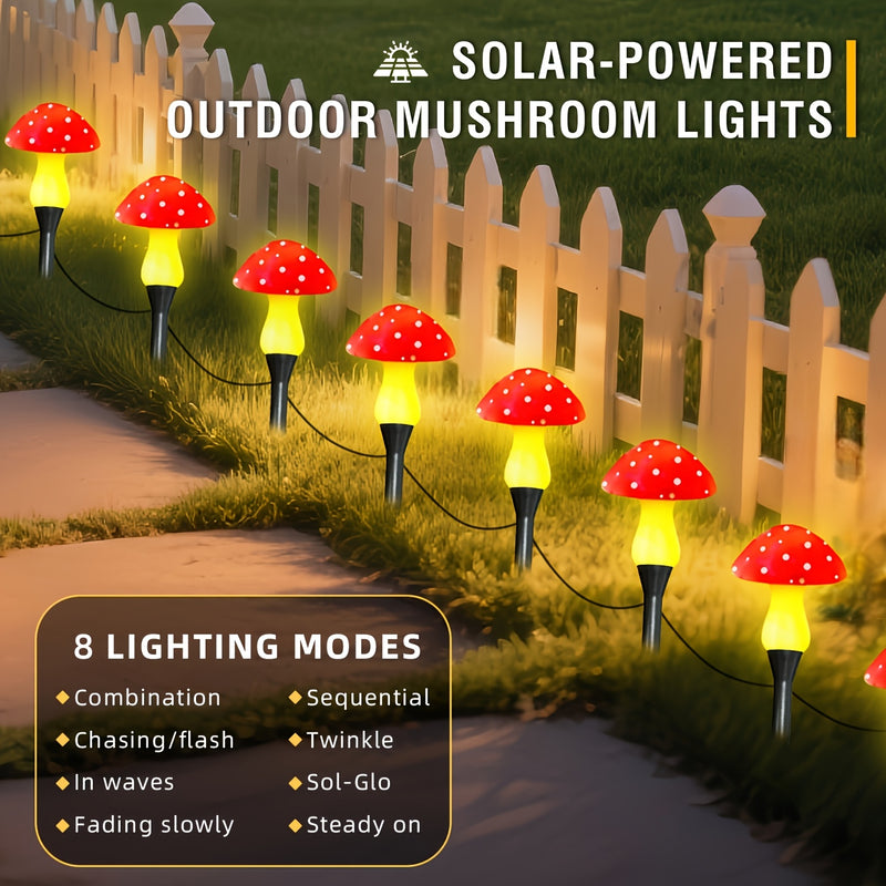 10 Luces Solares de Champiñón, Luces para Jardín Exterior. Se apagan automáticamente durante el día y se encienden por la noche. Luces solares con clasificación IPX4 y 8 modos. Ideales para verano, camping, Navidad, caminos, decoración de fiestas e ilumi