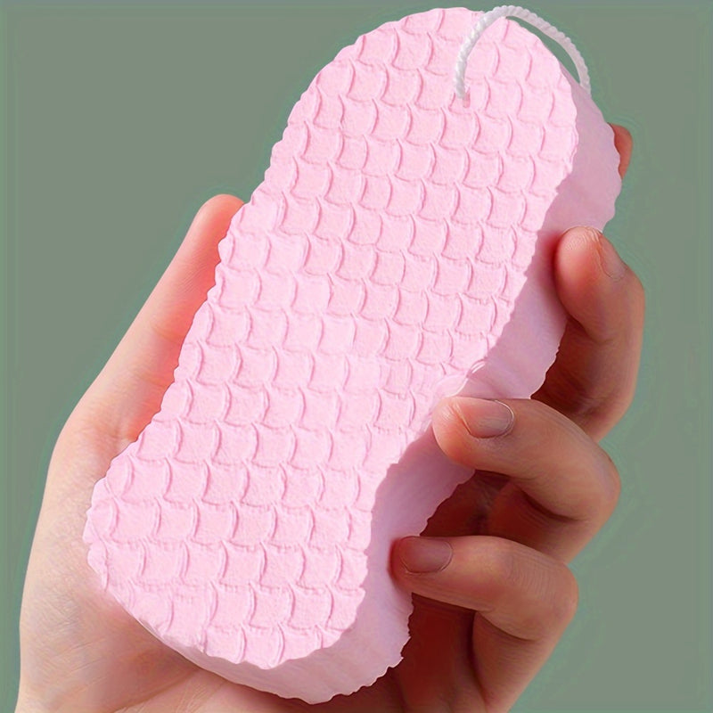 1 esponja exfoliante de baño 3D con diseño de escamas de pescado, doble cara, suave, fácil de limpiar y secado rápido, accesorio para cuidado de la piel con colgador, ideal para spa en casa