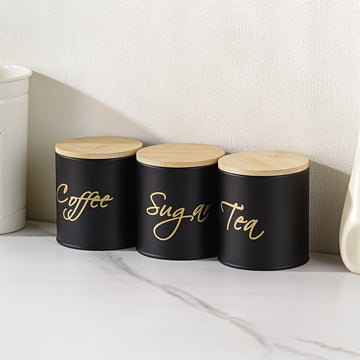 Juego de 3 tarros con tapa de bambú metálica sellados para café, dulces, té, botella de cocina y contenedor de alimentos para fiestas al aire libre