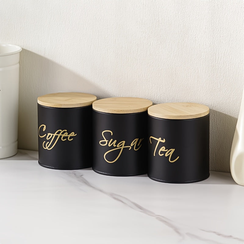 Juego de 3 tarros con tapa de bambú metálica sellados para café, dulces, té, botella de cocina y contenedor de alimentos para fiestas al aire libre
