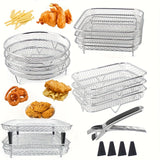 Juego de Accesorios para Freidora de Aire de Acero Inoxidable de 8 Piezas: Estante Apilable, Pinzas y Alfombrilla Elevadora - Estante de Tres Niveles Saludable para Freidoras de Doble Cesta, Lavavajillas Seguro, Compatibilidad con Horno, Olla Presión y l
