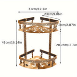 Elegante estante de ducha de esquina con acabado de latón estilo europeo antiguo - Soporte de almacenamiento de pared de aluminio para baño, diseños florales decorativos, no incluye tuberías metálicas, decoración y accesorios para el baño.