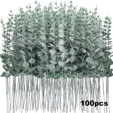 100 piezas de tallos de eucalipto artificiales, hojas de verde artificial, ramas de eucalipto de plástico para centro de mesa de bodas, ramo de flores, decoración de hogar de granja, ocasión de compromiso - Verde oscuro