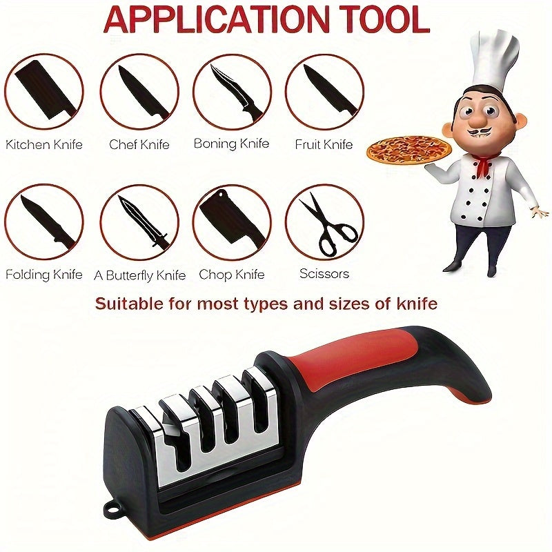 Afilar cuchillos multifuncionales de 4 etapas - Piedra de afilar de cerámica y acero de tungsteno duradero, herramienta de cocina portátil rápida para afilar todas las hojas, mango ergonómico de goma roja, afilado y pulido eficientes, afilador de cuchill