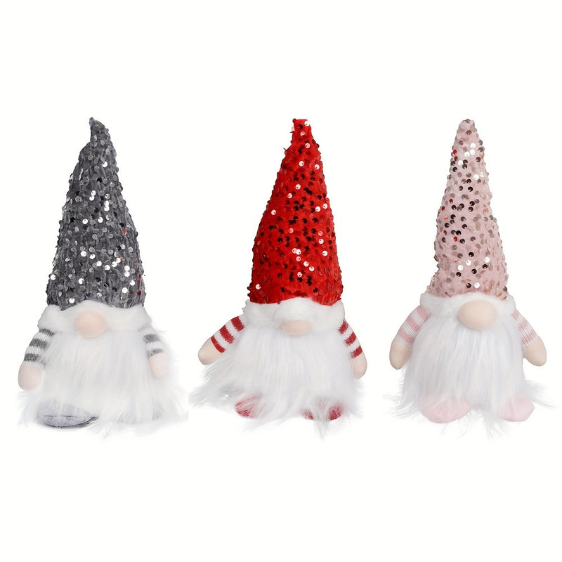 1/3 piezas, Muñecos de gnomo con lentejuelas navideñas que se iluminan - Material PET, Funciona con pilas, Decoraciones de interior para la decoración del hogar navideño