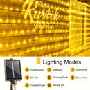 Luz de malla solar IP44 - 8 patrones, luces de cadena LED amarillas para jardín, patio, techo, balcón, árbol de Navidad, centro comercial, ideal para Halloween, Navidad, bodas y fiestas, alimentado por energía solar con batería de litio, luces de camping