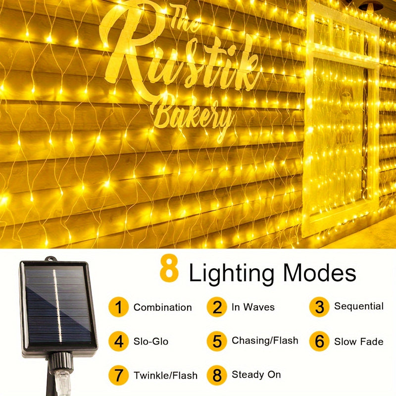 Luz de malla solar IP44 - 8 patrones, luces de cadena LED amarillas para jardín, patio, techo, balcón, árbol de Navidad, centro comercial, ideal para Halloween, Navidad, bodas y fiestas, alimentado por energía solar con batería de litio, luces de camping